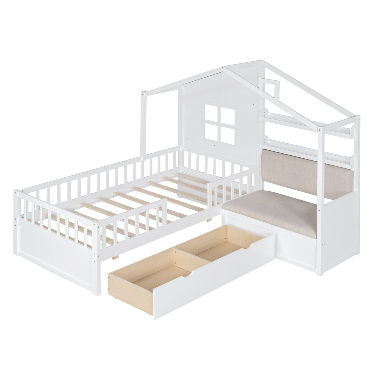 variant-group:rf-n733s337609k|Roomfitters Twin House Bed with Sofa, Wooden Platform Bed with Storage Compartment and Side Shelf, Space Saving Design, White