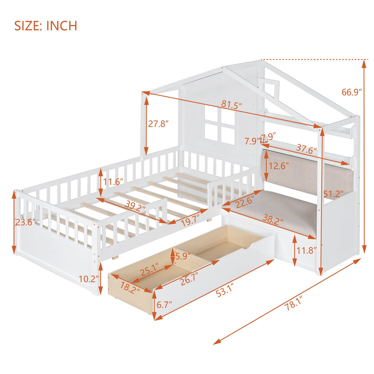 Roomfitters Twin Size House Platform Bed with Sofa, Two Storage Compartments, and Built-In Shelf, Space-Saving Design, White