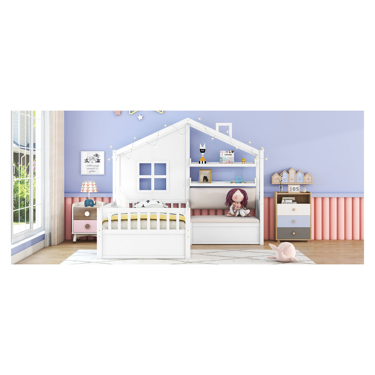 variant-group:rf-n733s337609k|Roomfitters Twin House Bed with Sofa, Wooden Platform Bed with Storage Compartment and Side Shelf, Space Saving Design, White