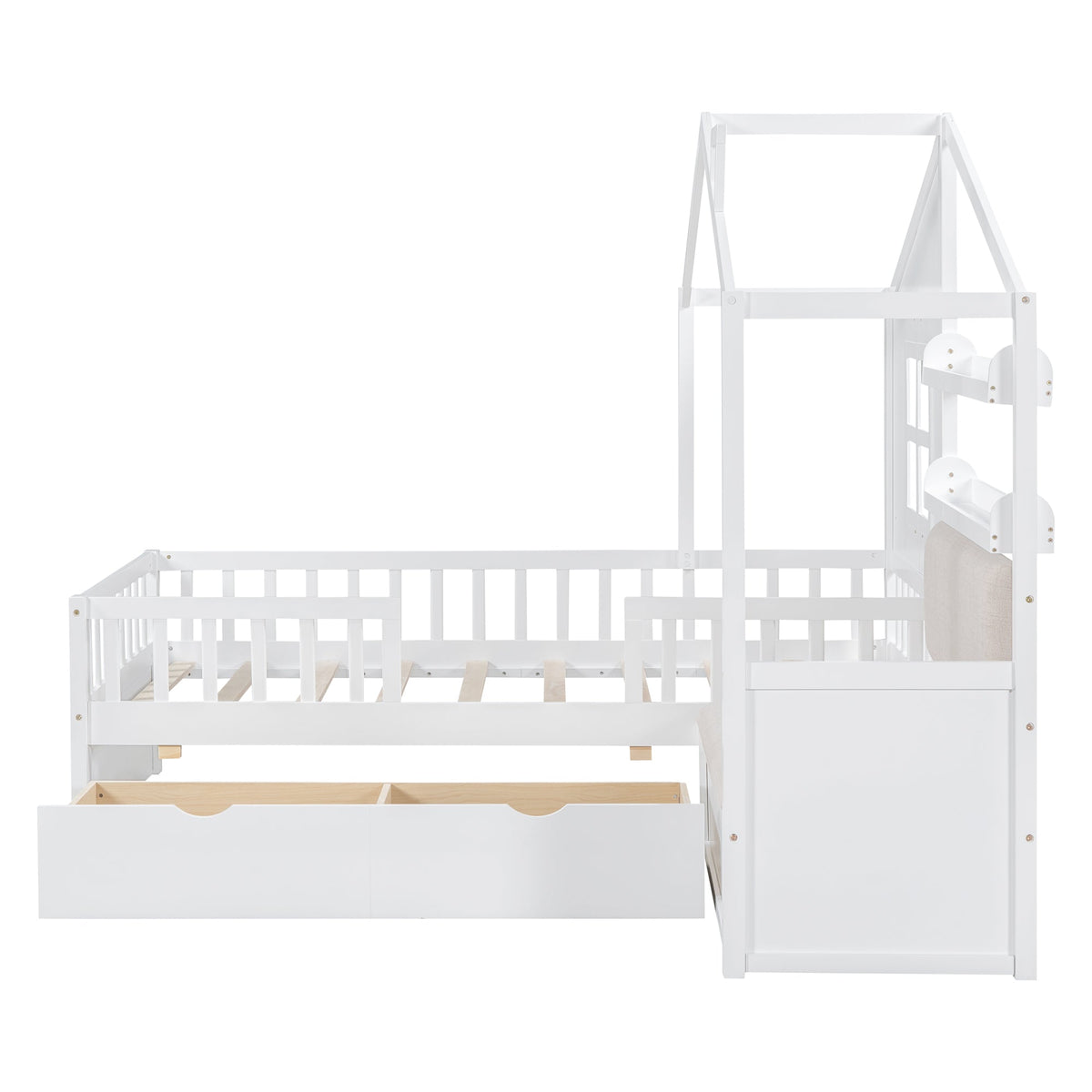 Roomfitters Twin Size House Platform Bed with Sofa, Two Storage Compartments, and Built-In Shelf, Space-Saving Design, White