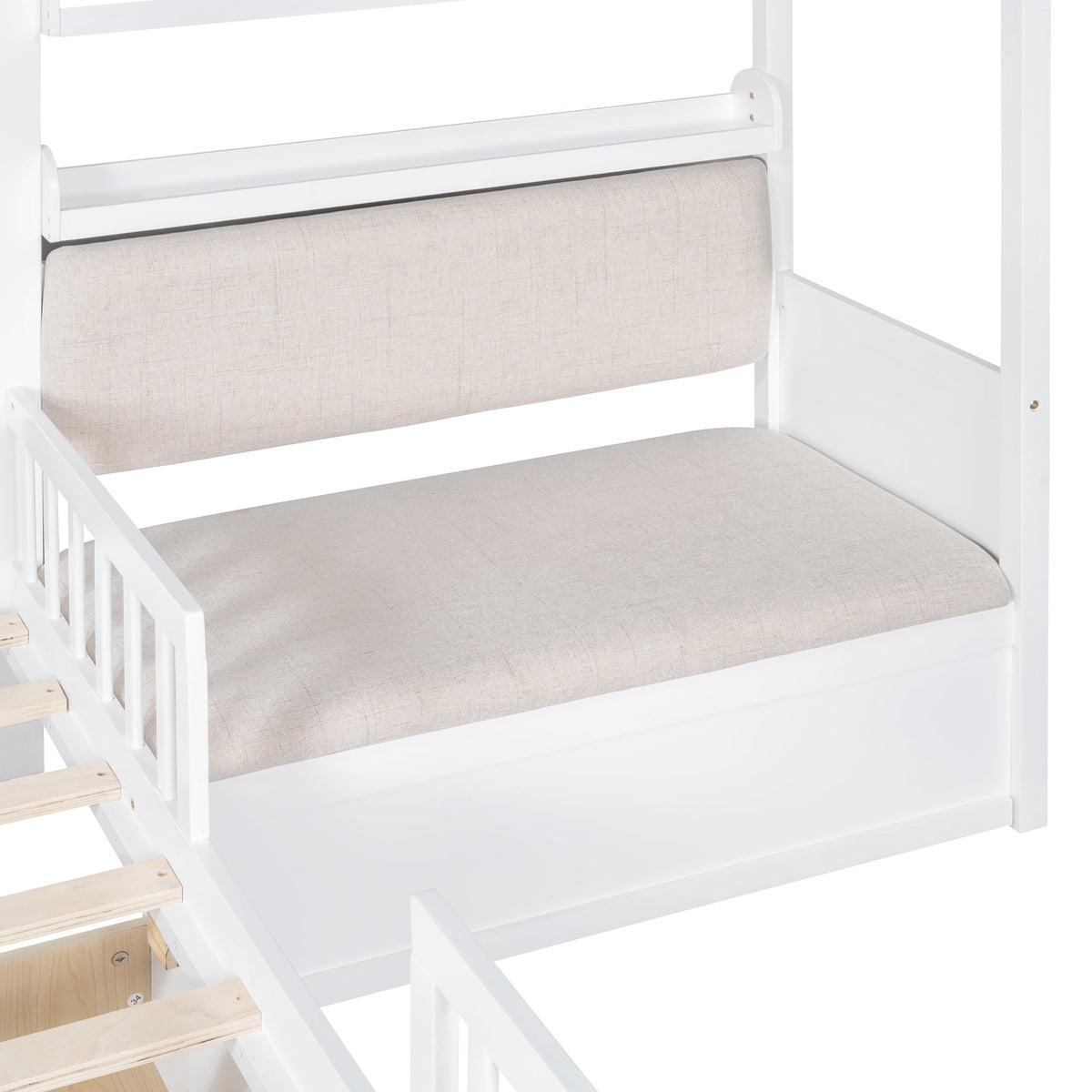 Roomfitters Twin Size House Platform Bed with Sofa, Two Storage Compartments, and Built-In Shelf, Space-Saving Design, White
