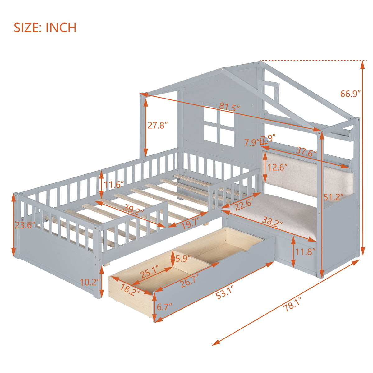 variant-group:rf-n733s337609e|Roomfitters Twin House Bed with Sofa, Wooden Platform Bed with Storage Compartment and Side Shelf, Space Saving Design, Gray