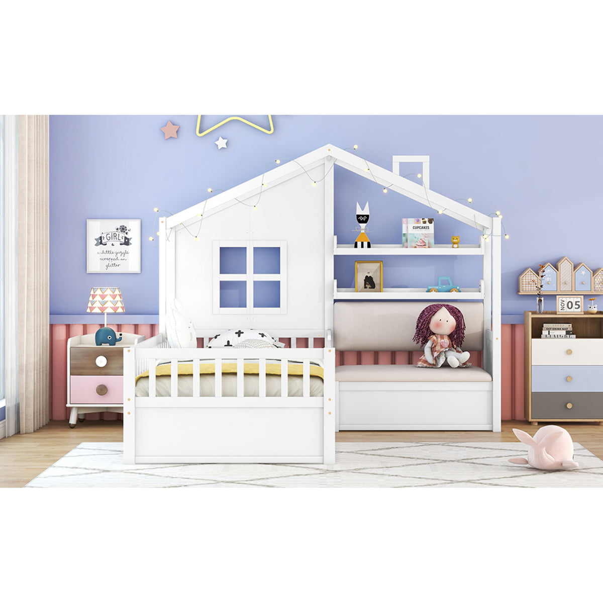 variant-group:rf-n733s337609k|Roomfitters Twin House Bed with Sofa, Wooden Platform Bed with Storage Compartment and Side Shelf, Space Saving Design, White
