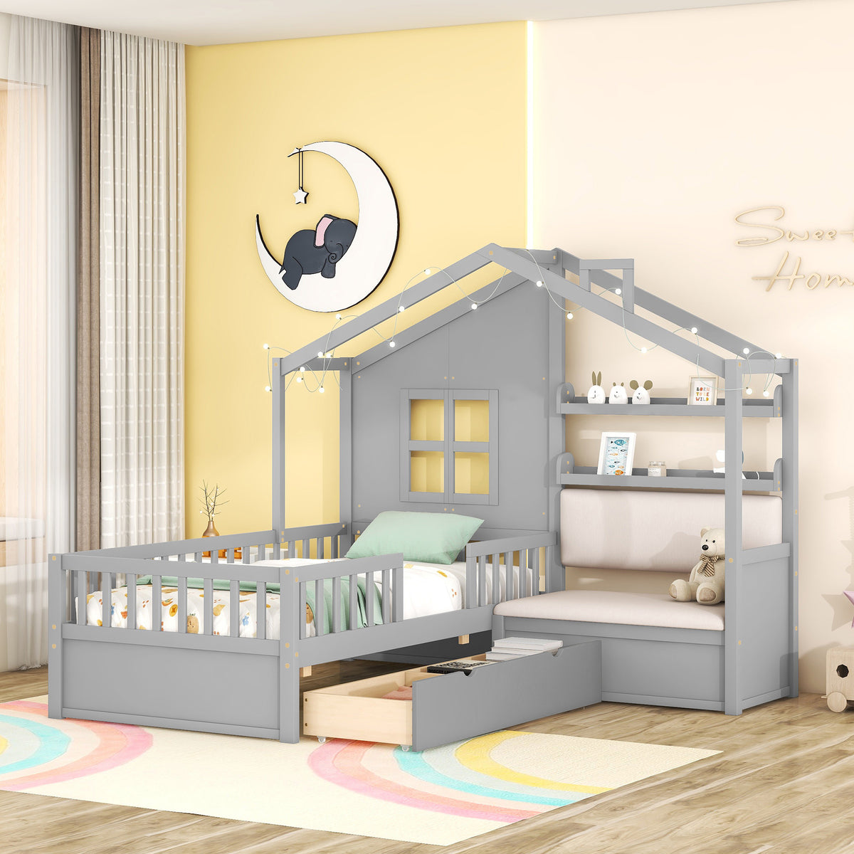 variant-group:rf-n733s337609e|Roomfitters Twin House Bed with Sofa, Wooden Platform Bed with Storage Compartment and Side Shelf, Space Saving Design, Gray