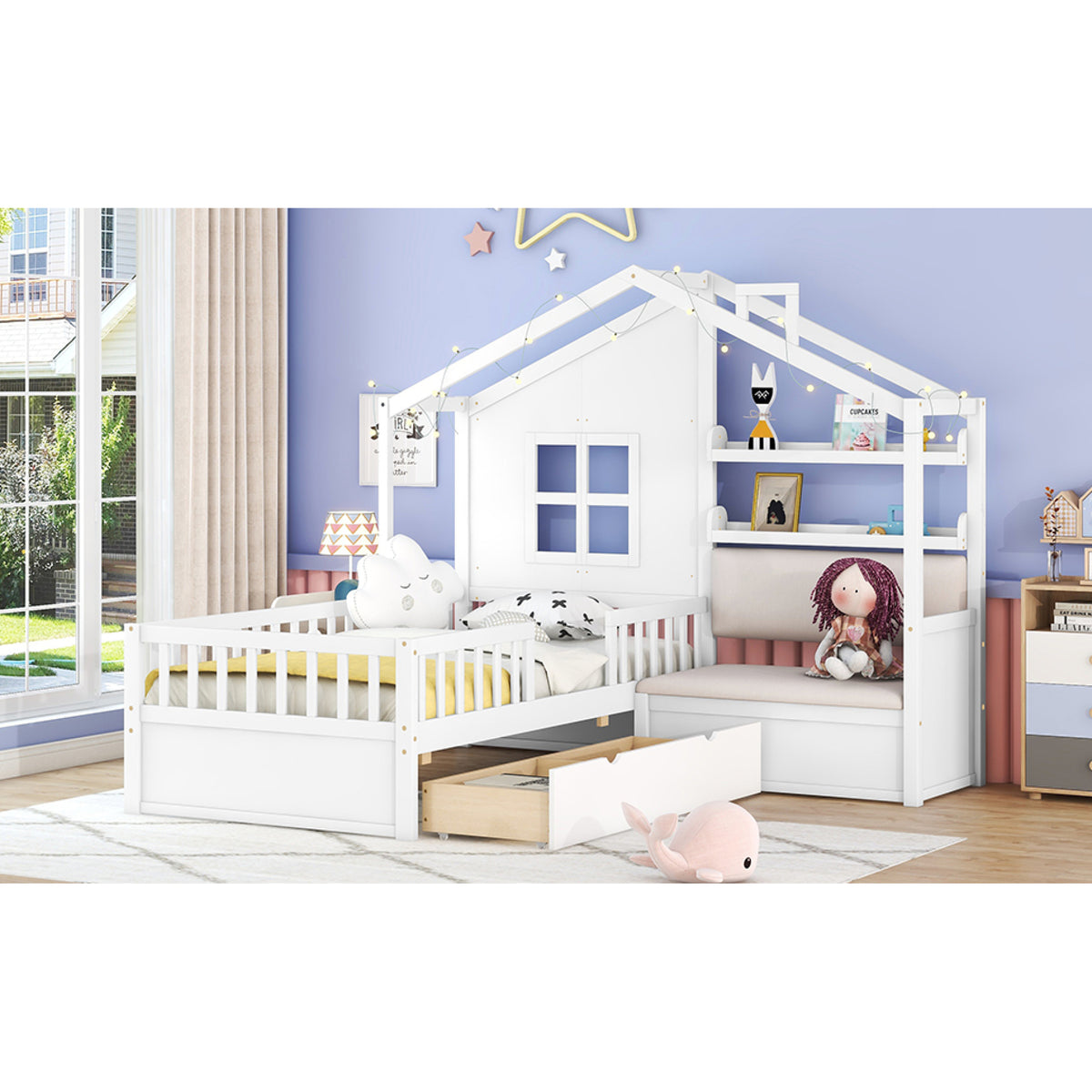variant-group:rf-n733s337609k|Roomfitters Twin House Bed with Sofa, Wooden Platform Bed with Storage Compartment and Side Shelf, Space Saving Design, White