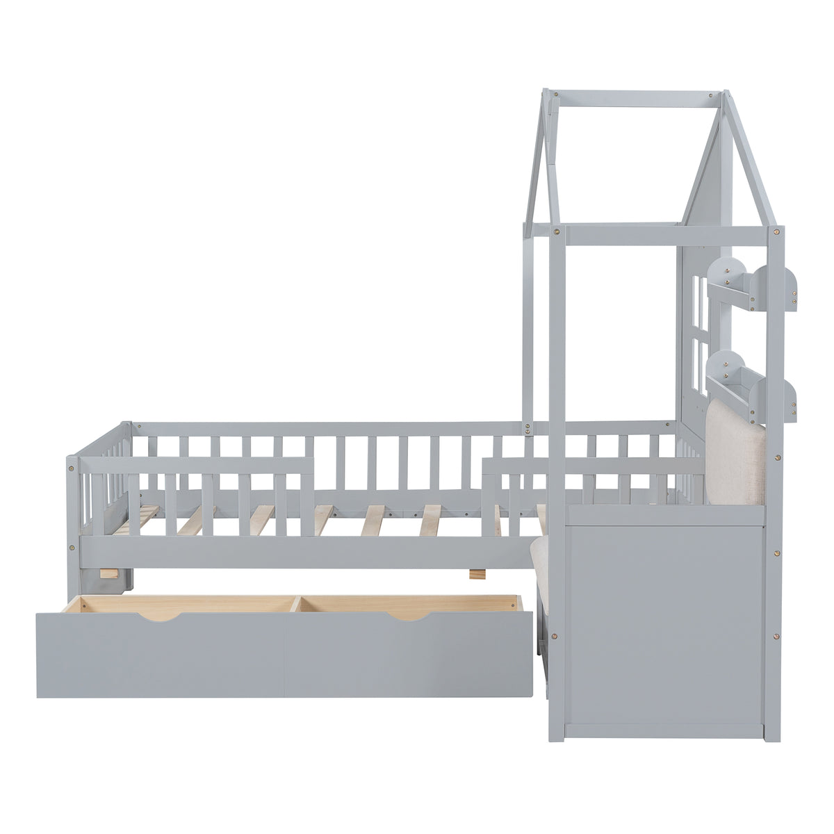 variant-group:rf-n733s337609e|Roomfitters Twin House Bed with Sofa, Wooden Platform Bed with Storage Compartment and Side Shelf, Space Saving Design, Gray