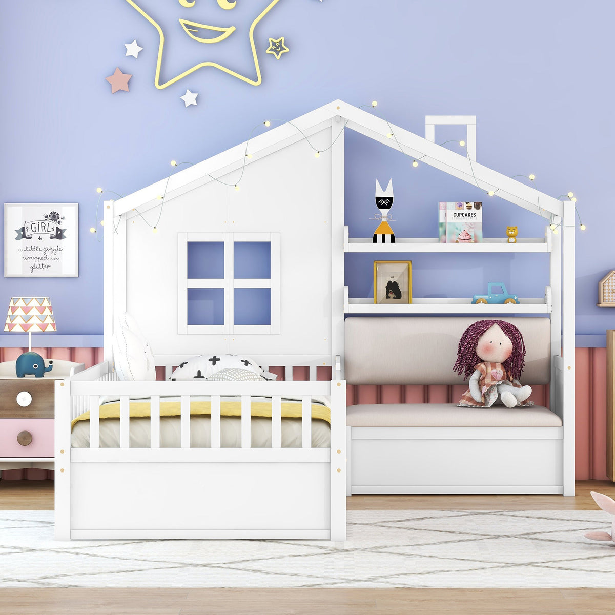 Roomfitters Twin Size House Platform Bed with Sofa, Two Storage Compartments, and Built-In Shelf, Space-Saving Design, White