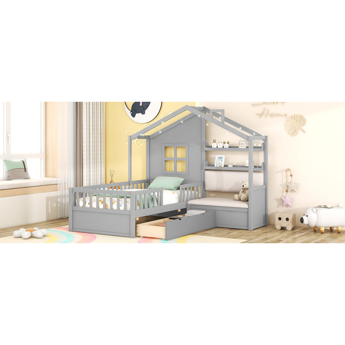 variant-group:rf-n733s337609e|Roomfitters Twin House Bed with Sofa, Wooden Platform Bed with Storage Compartment and Side Shelf, Space Saving Design, Gray