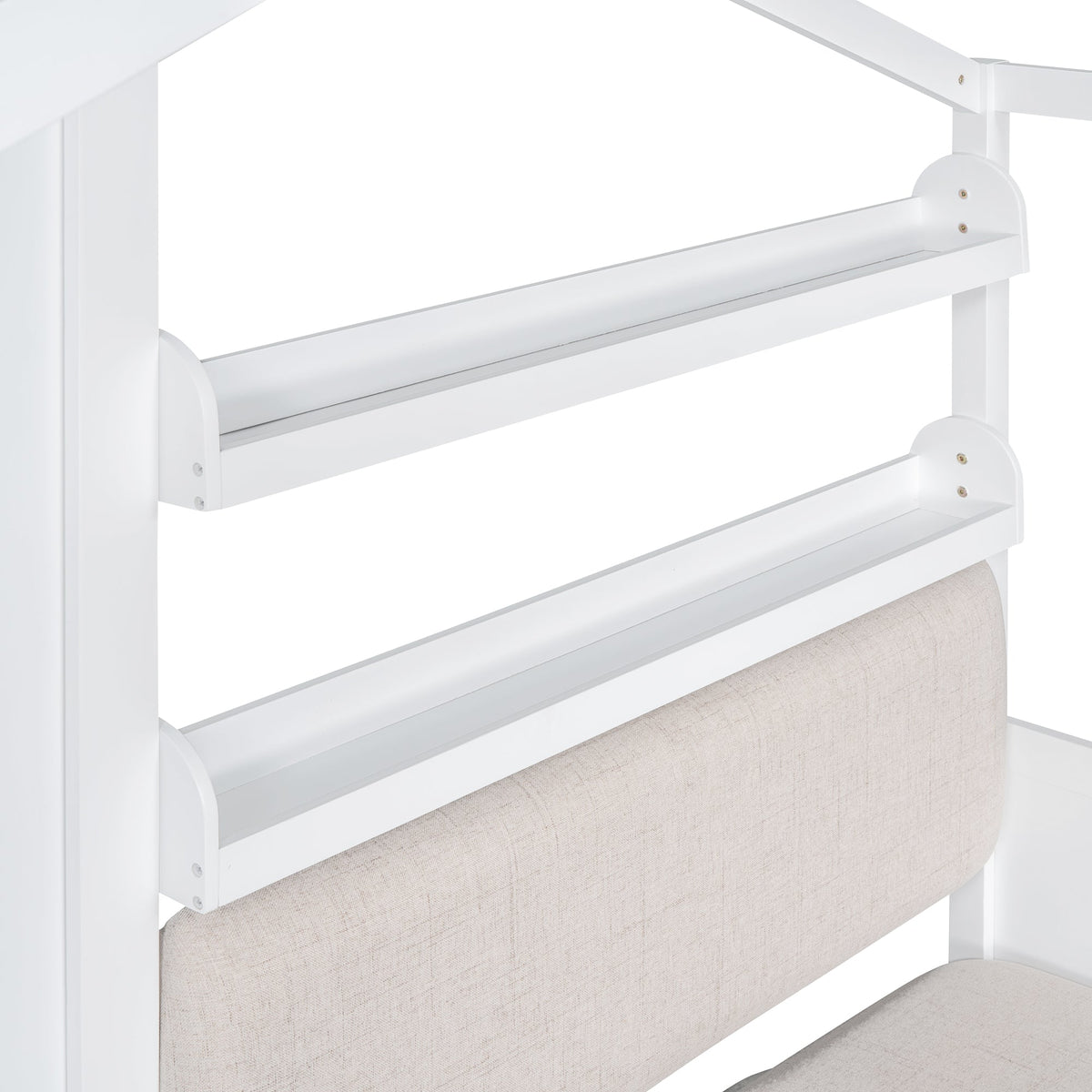 Roomfitters Twin Size House Platform Bed with Sofa, Two Storage Compartments, and Built-In Shelf, Space-Saving Design, White