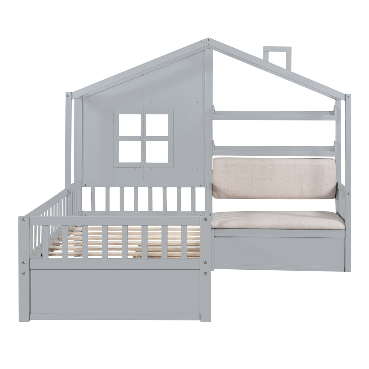 variant-group:rf-n733s337609e|Roomfitters Twin House Bed with Sofa, Wooden Platform Bed with Storage Compartment and Side Shelf, Space Saving Design, Gray