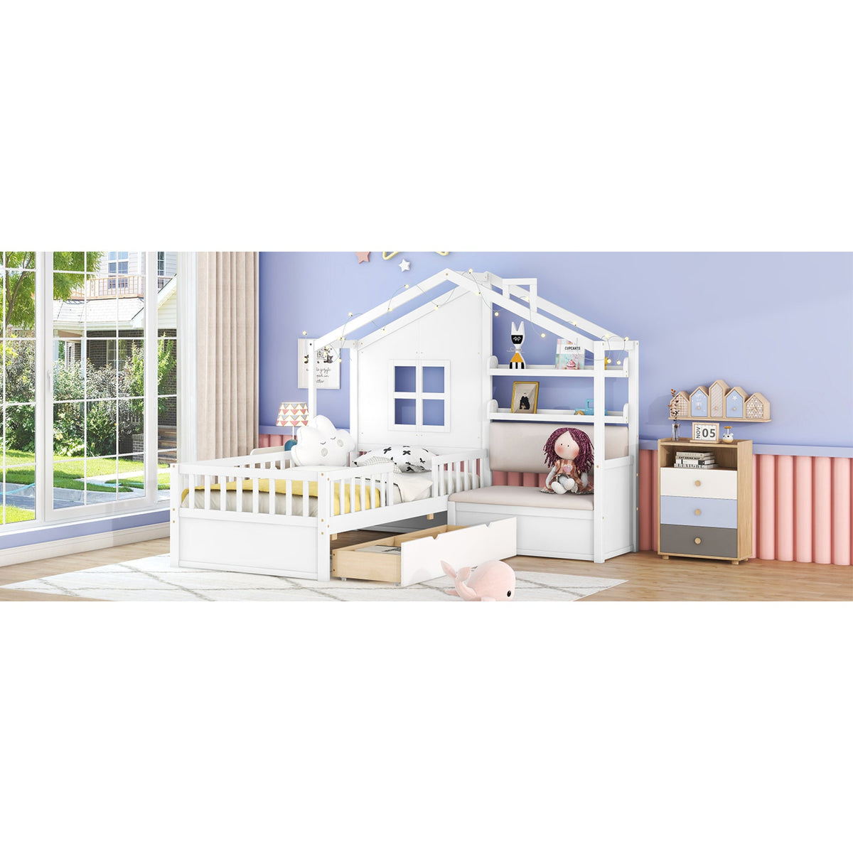 Roomfitters Twin Size House Platform Bed with Sofa, Two Storage Compartments, and Built-In Shelf, Space-Saving Design, White
