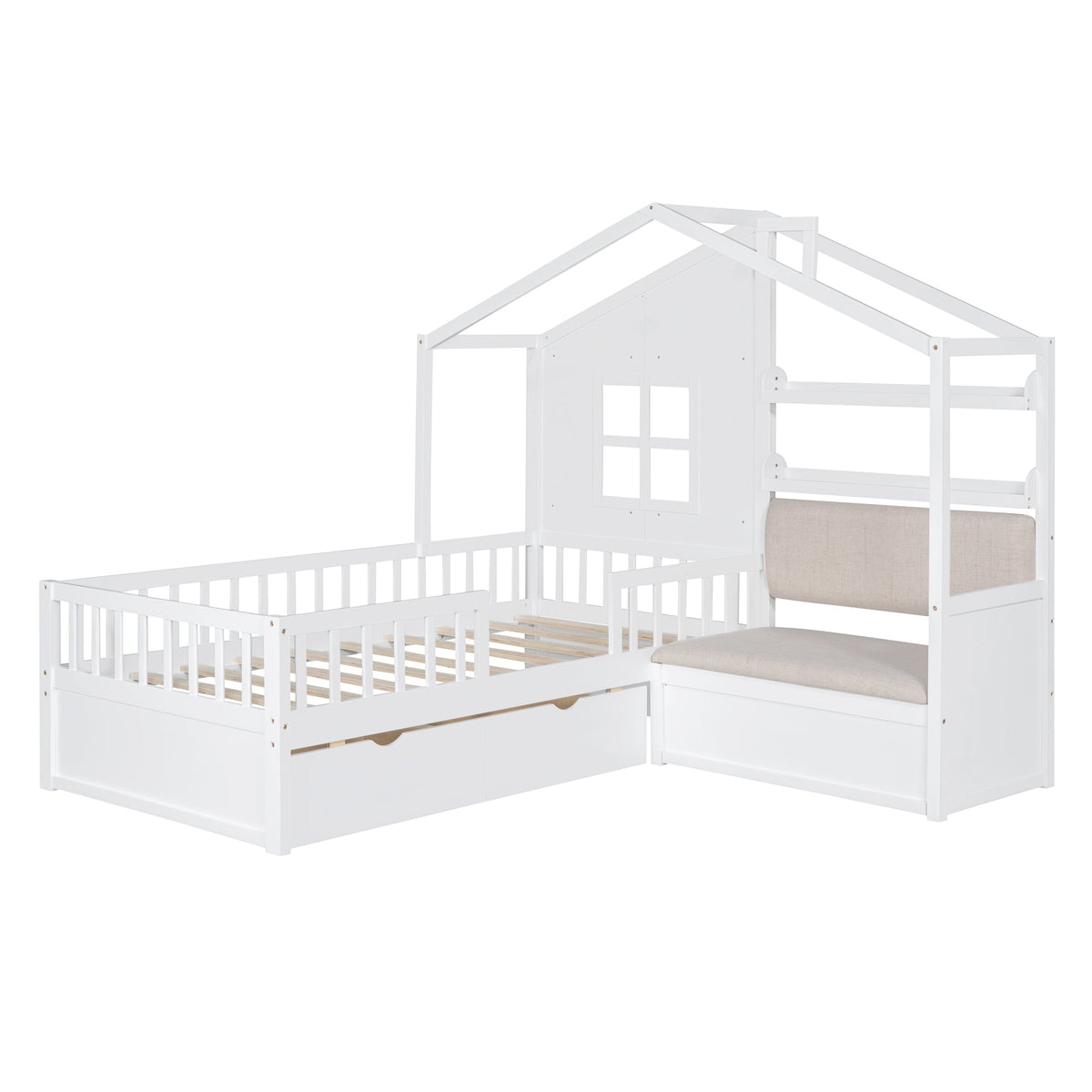 Roomfitters Twin Size House Platform Bed with Sofa, Two Storage Compartments, and Built-In Shelf, Space-Saving Design, White