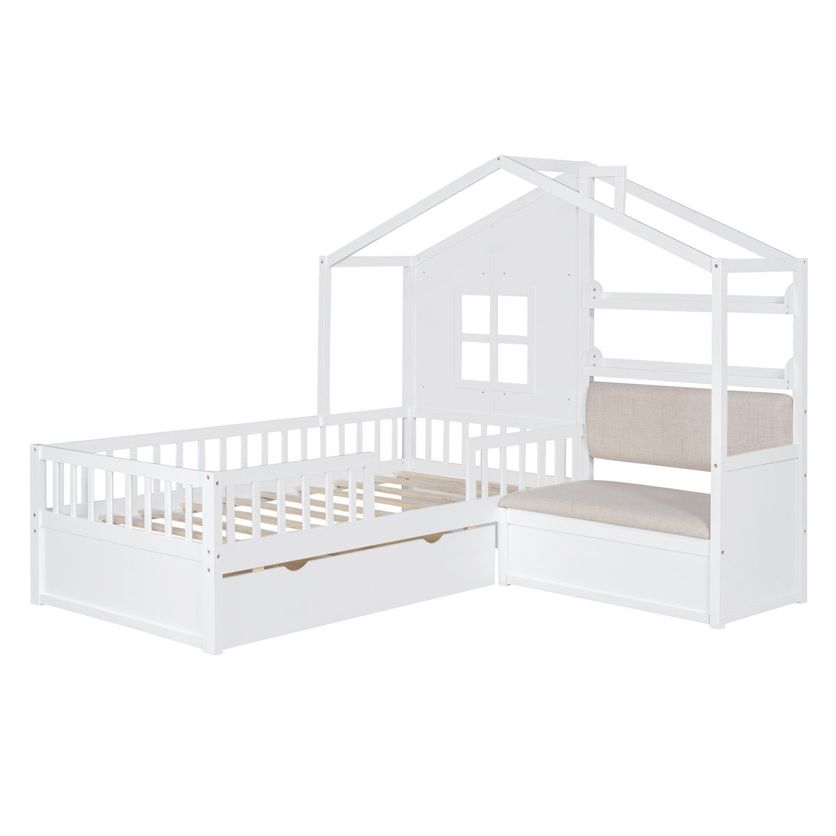 variant-group:rf-n733s337609k|Roomfitters Twin House Bed with Sofa, Wooden Platform Bed with Storage Compartment and Side Shelf, Space Saving Design, White