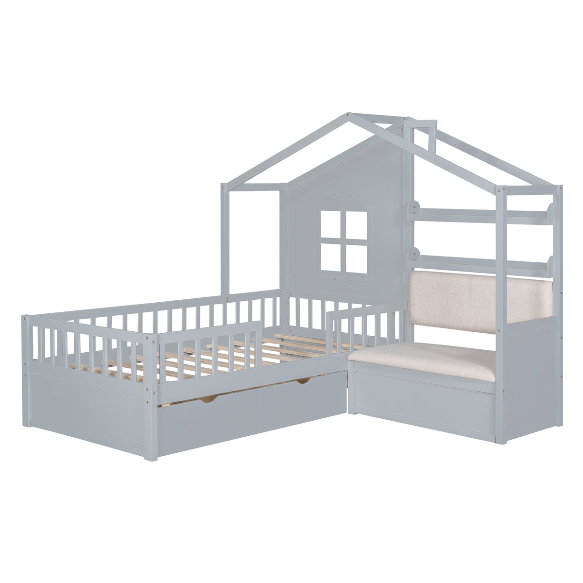 variant-group:rf-n733s337609e|Roomfitters Twin House Bed with Sofa, Wooden Platform Bed with Storage Compartment and Side Shelf, Space Saving Design, Gray