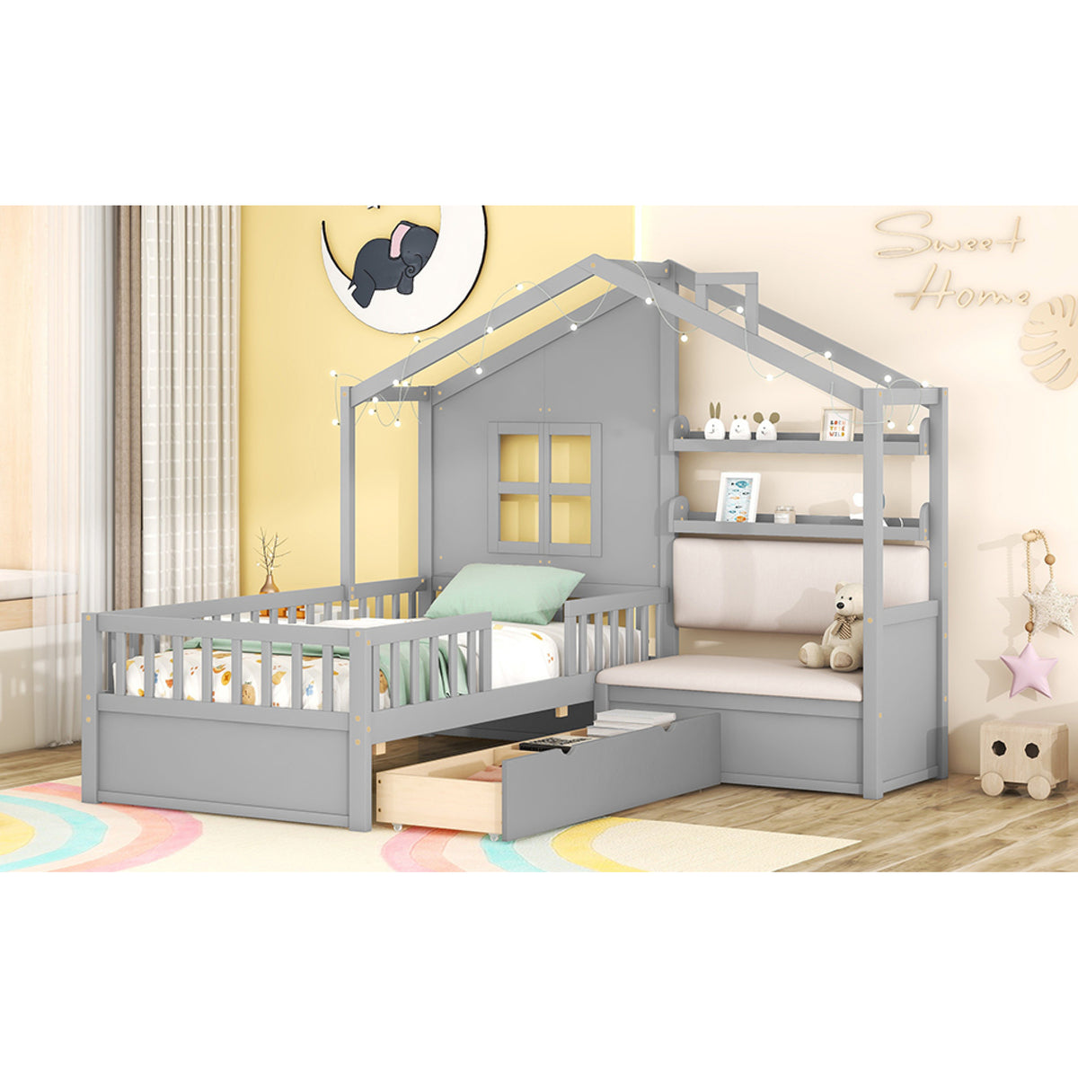 variant-group:rf-n733s337609e|Roomfitters Twin House Bed with Sofa, Wooden Platform Bed with Storage Compartment and Side Shelf, Space Saving Design, Gray