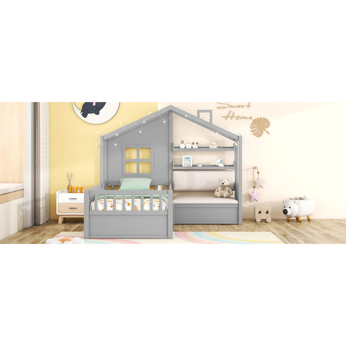 variant-group:rf-n733s337609e|Roomfitters Twin House Bed with Sofa, Wooden Platform Bed with Storage Compartment and Side Shelf, Space Saving Design, Gray