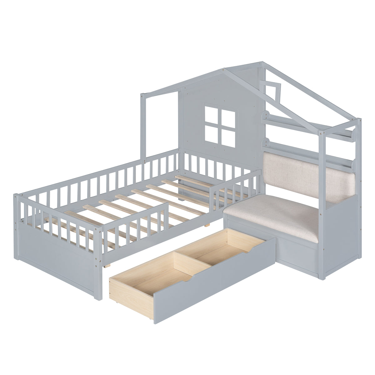 variant-group:rf-n733s337609e|Roomfitters Twin House Bed with Sofa, Wooden Platform Bed with Storage Compartment and Side Shelf, Space Saving Design, Gray