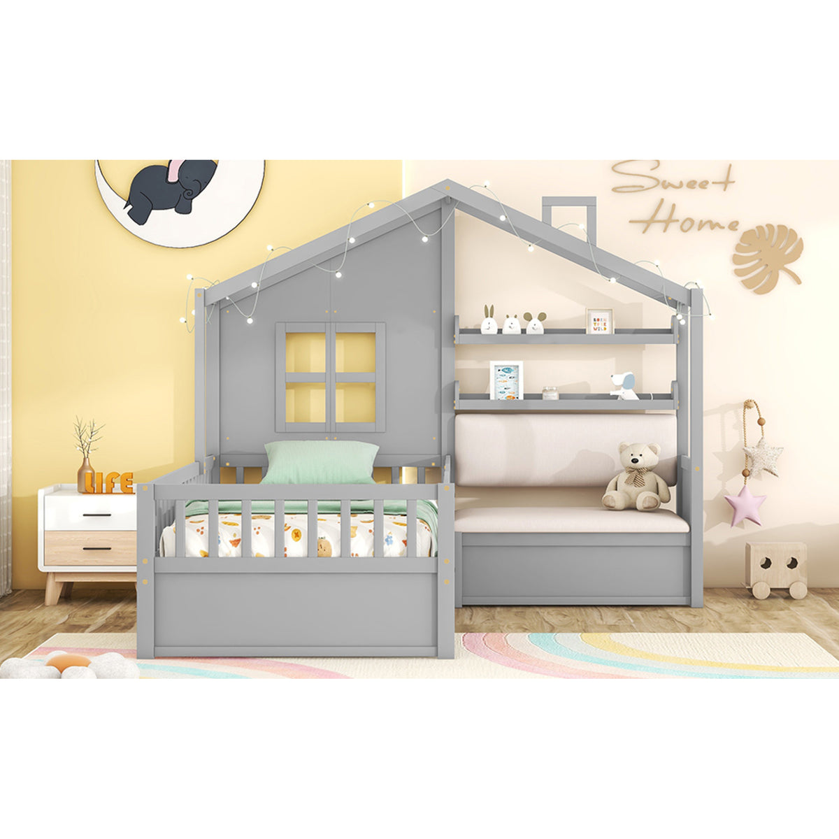 variant-group:rf-n733s337609e|Roomfitters Twin House Bed with Sofa, Wooden Platform Bed with Storage Compartment and Side Shelf, Space Saving Design, Gray