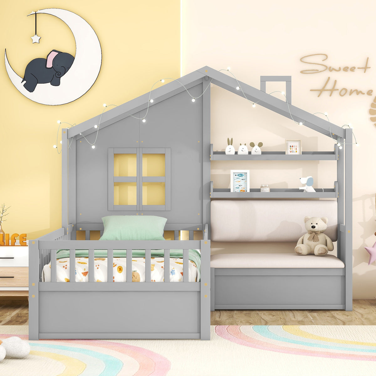 variant-group:rf-n733s337609e|Roomfitters Twin House Bed with Sofa, Wooden Platform Bed with Storage Compartment and Side Shelf, Space Saving Design, Gray