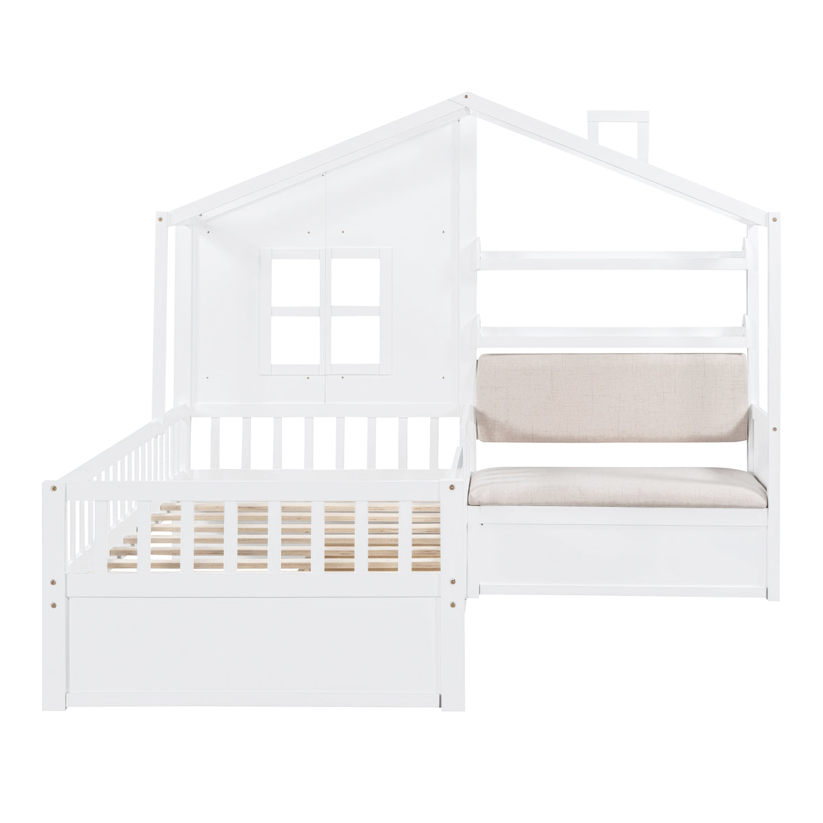 variant-group:rf-n733s337609k|Roomfitters Twin House Bed with Sofa, Wooden Platform Bed with Storage Compartment and Side Shelf, Space Saving Design, White