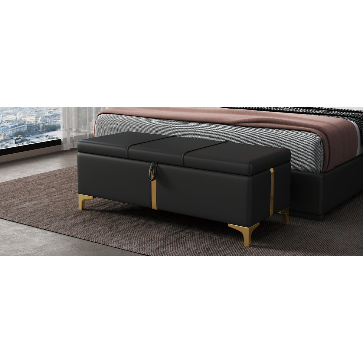 variant-group:rf-n733p207788b|Roomfitters Elegant Upholstered Storage Ottoman Bench with Metal Legs for Bedroom or Living Room, Fully Assembled Except Legs, Black