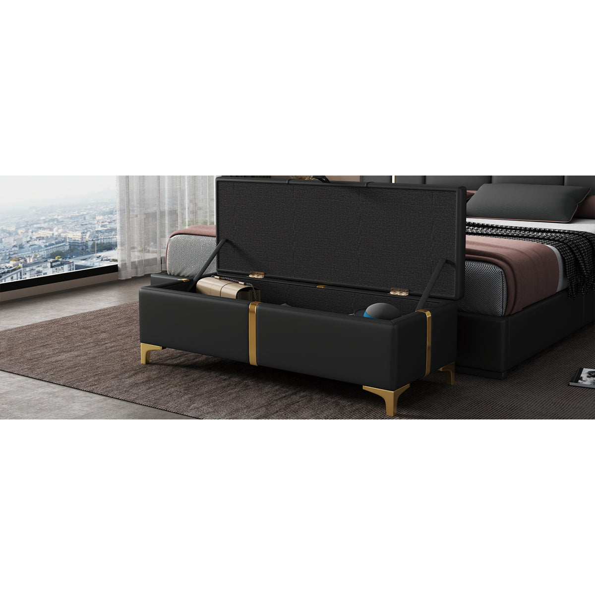 variant-group:rf-n733p207788b|Roomfitters Elegant Upholstered Storage Ottoman Bench with Metal Legs for Bedroom or Living Room, Fully Assembled Except Legs, Black