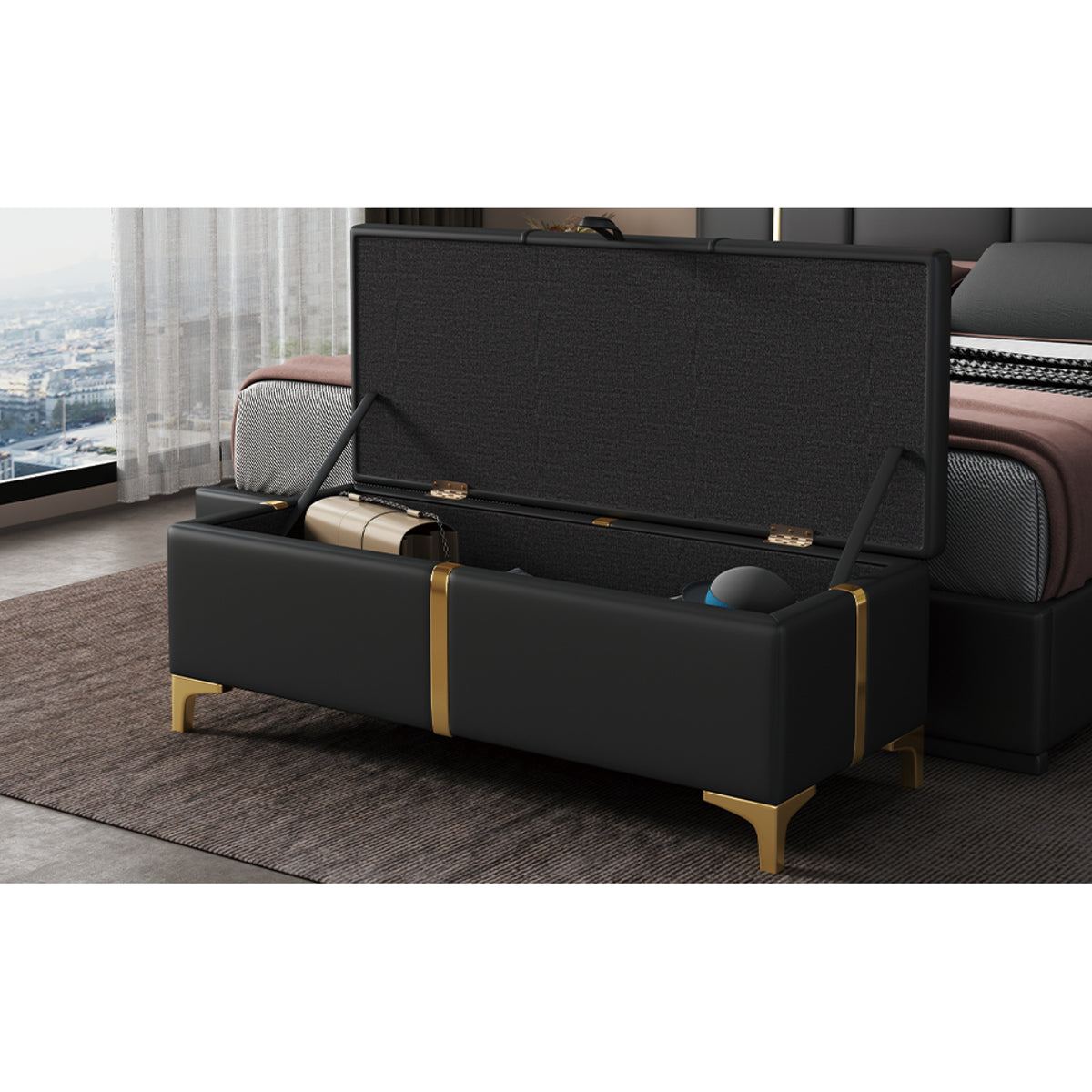 variant-group:rf-n733p207788b|Roomfitters Elegant Upholstered Storage Ottoman Bench with Metal Legs for Bedroom or Living Room, Fully Assembled Except Legs, Black
