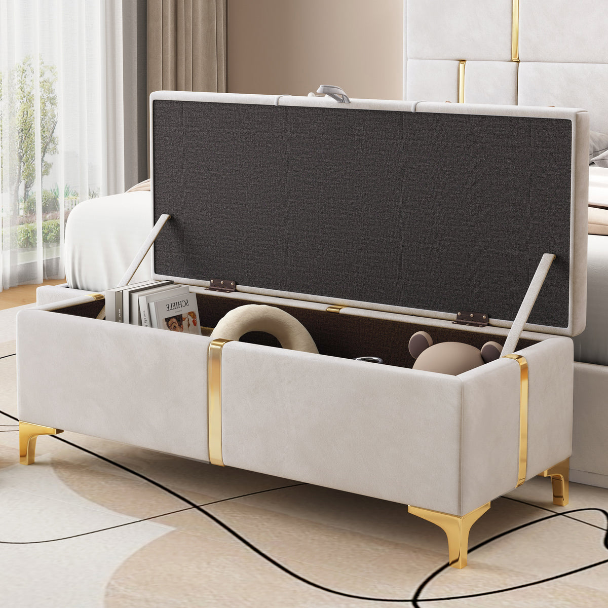 variant-group:rf-n733p207788a|Roomfitters Elegant Upholstered Storage Ottoman, Storage Bench with Metal Legs for Bedroom, Living Room, Fully Assembled Except Legs, Beige