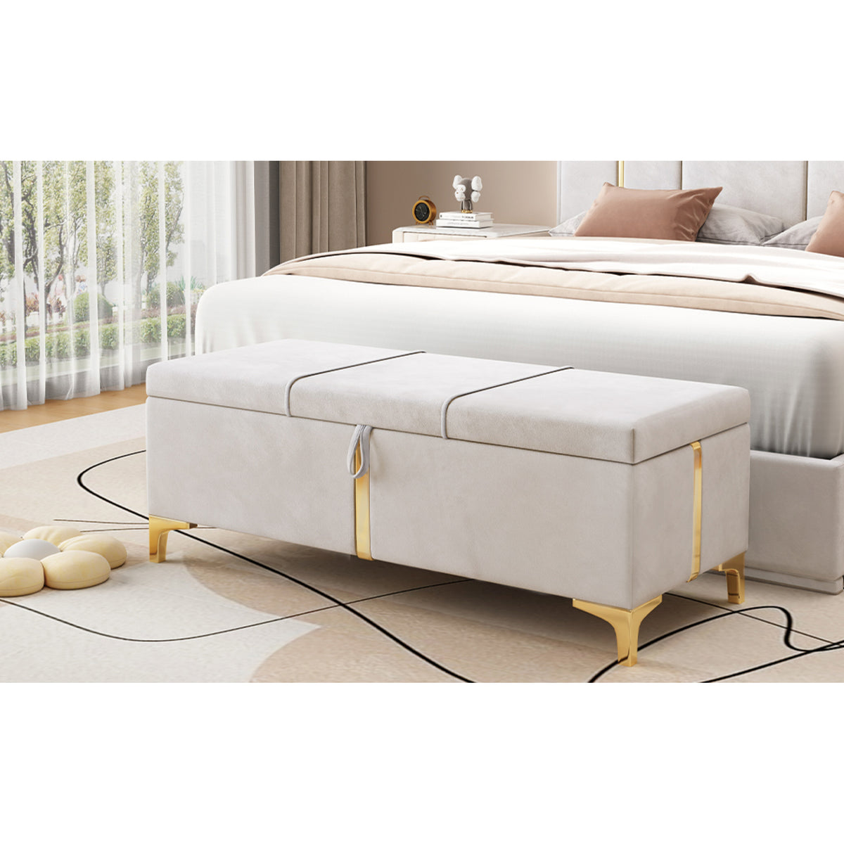 variant-group:rf-n733p207788a|Roomfitters Elegant Upholstered Storage Ottoman, Storage Bench with Metal Legs for Bedroom, Living Room, Fully Assembled Except Legs, Beige