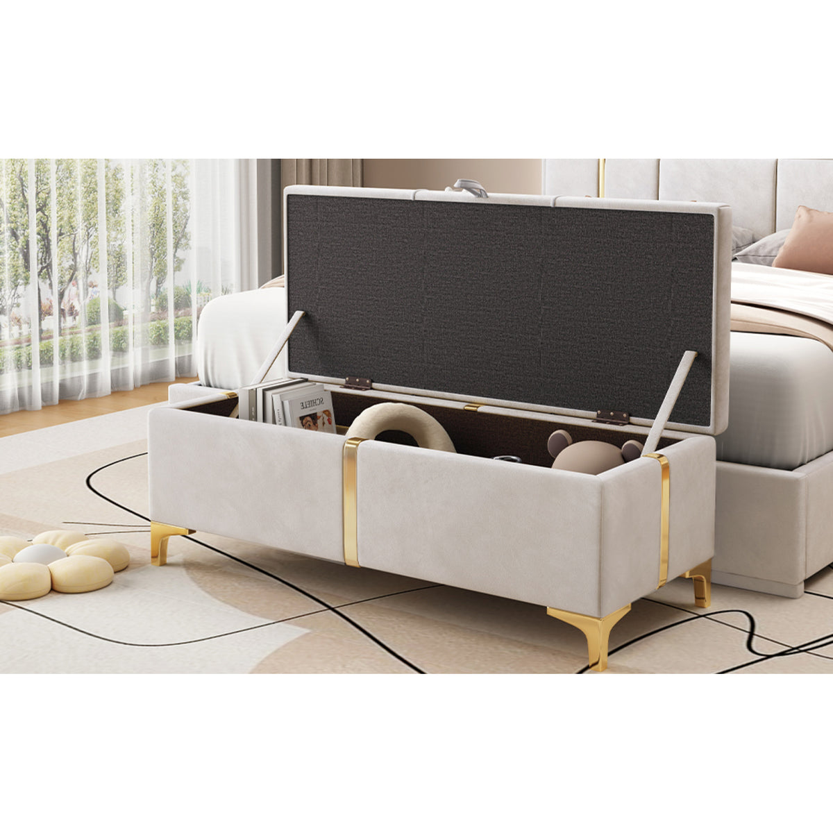 variant-group:rf-n733p207788a|Roomfitters Elegant Upholstered Storage Ottoman, Storage Bench with Metal Legs for Bedroom, Living Room, Fully Assembled Except Legs, Beige