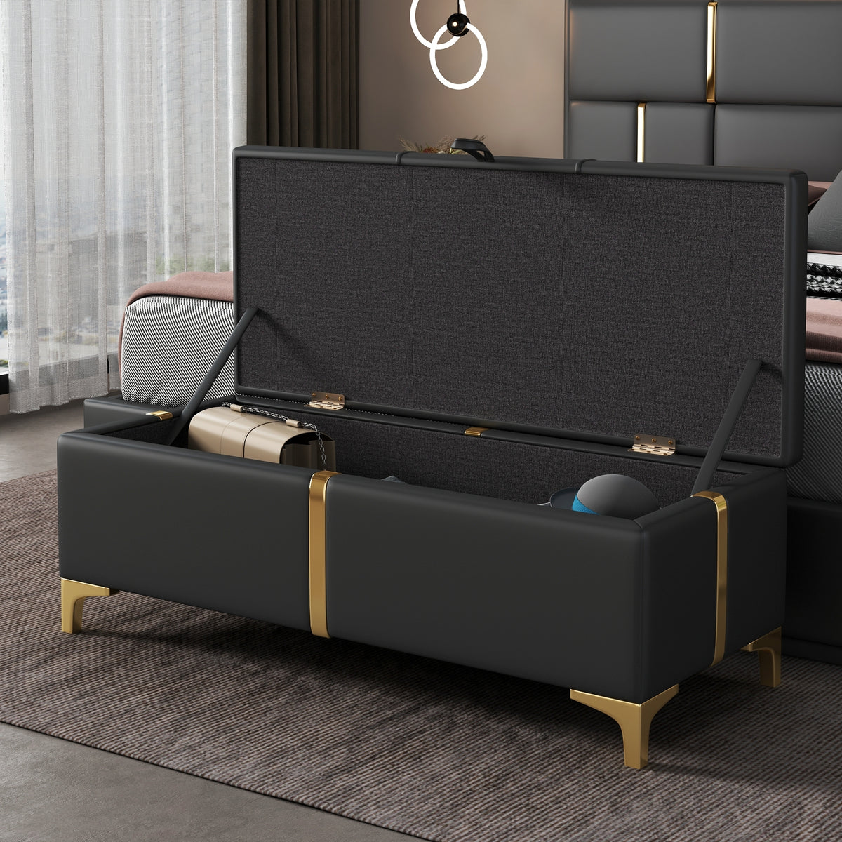 variant-group:rf-n733p207788b|Roomfitters Elegant Upholstered Storage Ottoman Bench with Metal Legs for Bedroom or Living Room, Fully Assembled Except Legs, Black