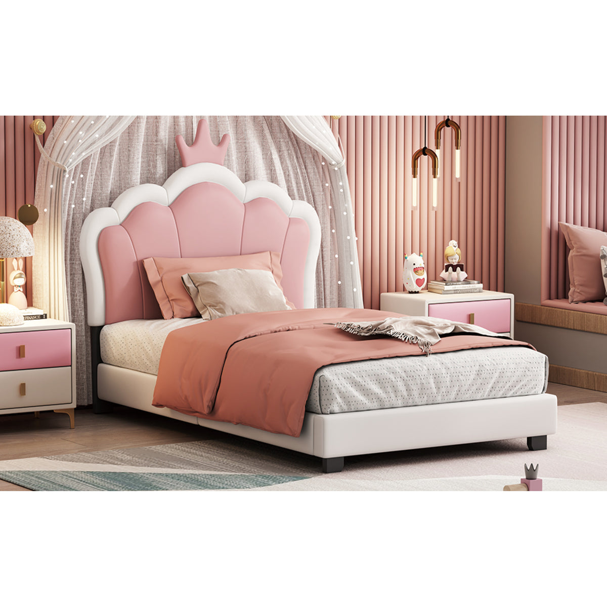 variant-group:rf-n733p180807k|Roomfitters Princess Upholstered Twin Platform Bed with Crown Headboard & Footboard, Cream