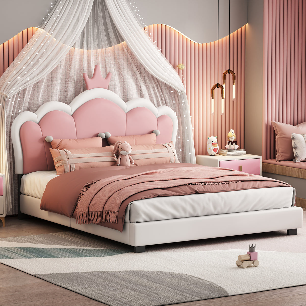 variant-group:rf-n733p180808k|Roomfitters Full Size Upholstered Princess Bed with Crown Headboard, Elegant Platform Bed with Tufted Headboard and Footboard for a Stylish Bedroom, White