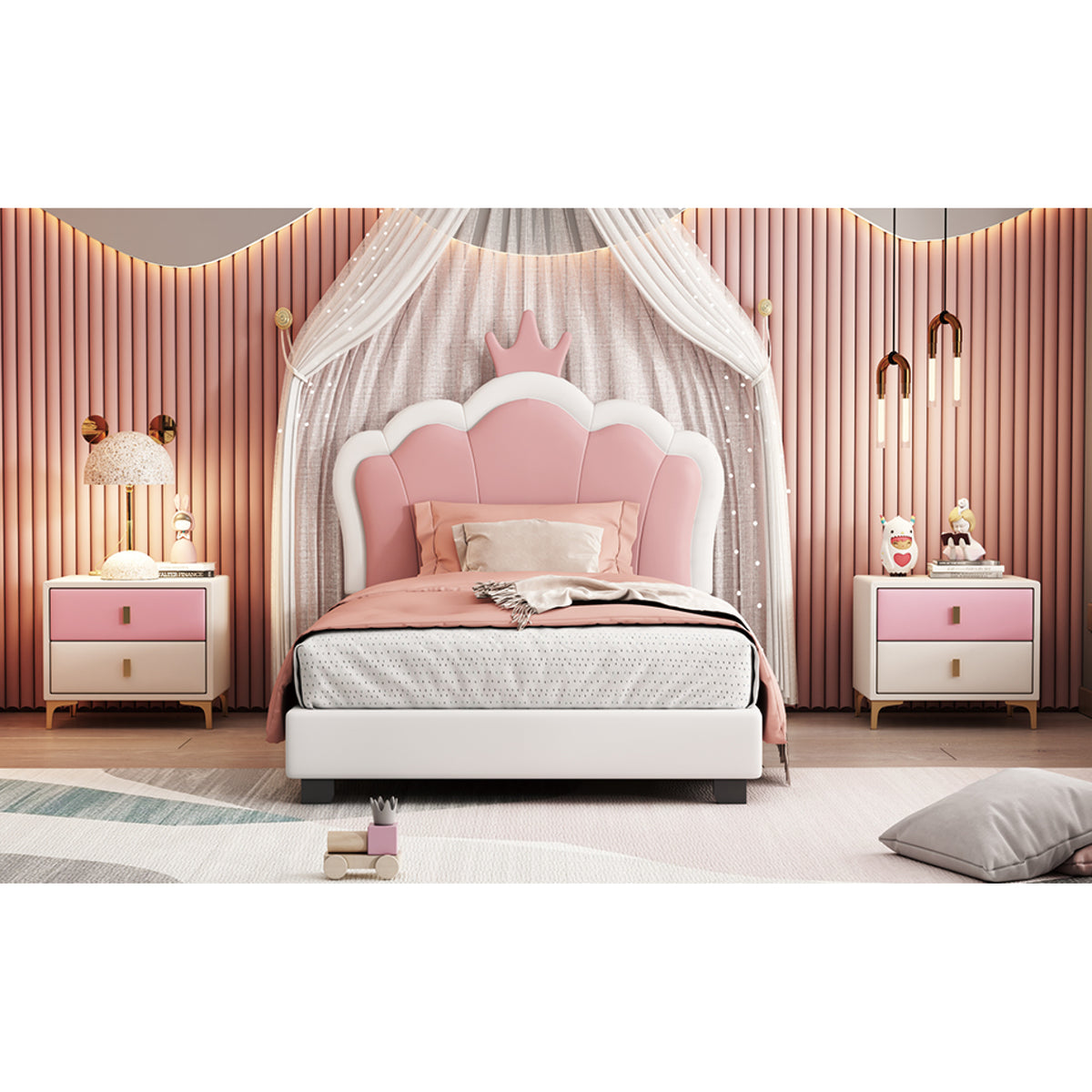 variant-group:rf-n733p180807k|Roomfitters Princess Upholstered Twin Platform Bed with Crown Headboard & Footboard, Cream