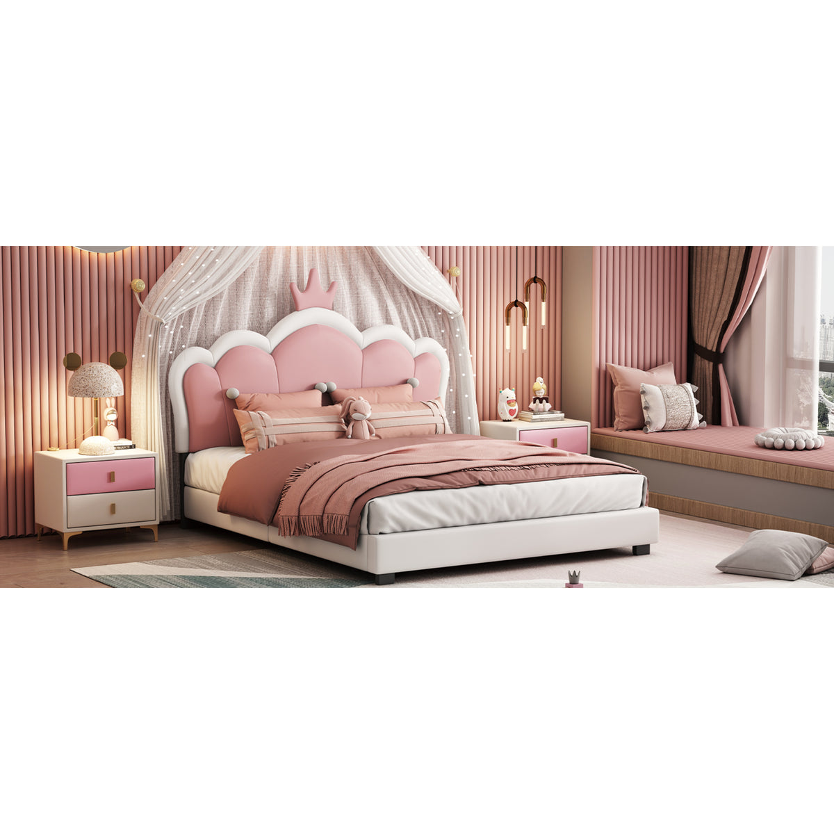 variant-group:rf-n733p180808k|Roomfitters Full Size Upholstered Princess Bed with Crown Headboard, Elegant Platform Bed with Tufted Headboard and Footboard for a Stylish Bedroom, White