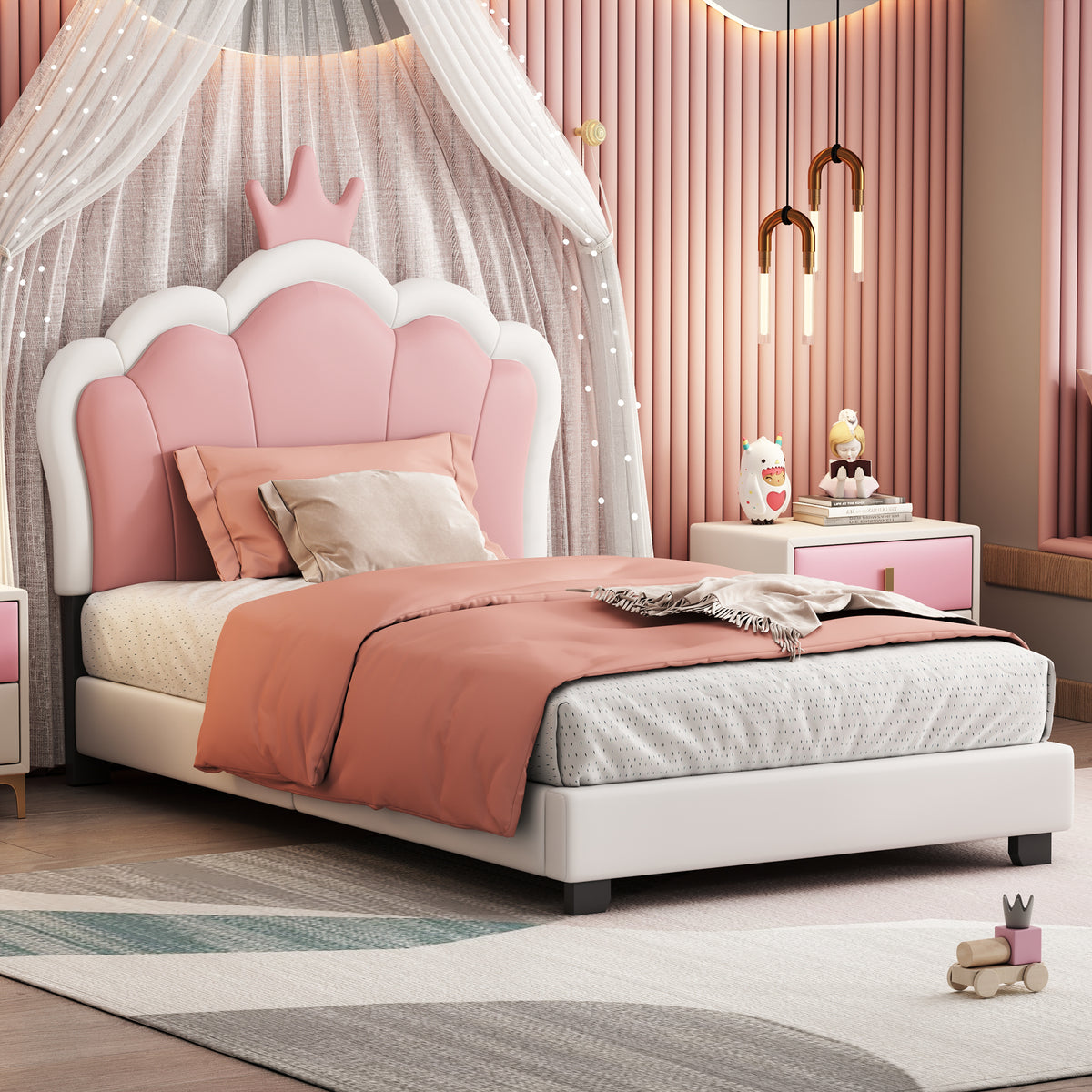 variant-group:rf-n733p180807k|Roomfitters Princess Upholstered Twin Platform Bed with Crown Headboard & Footboard, Cream