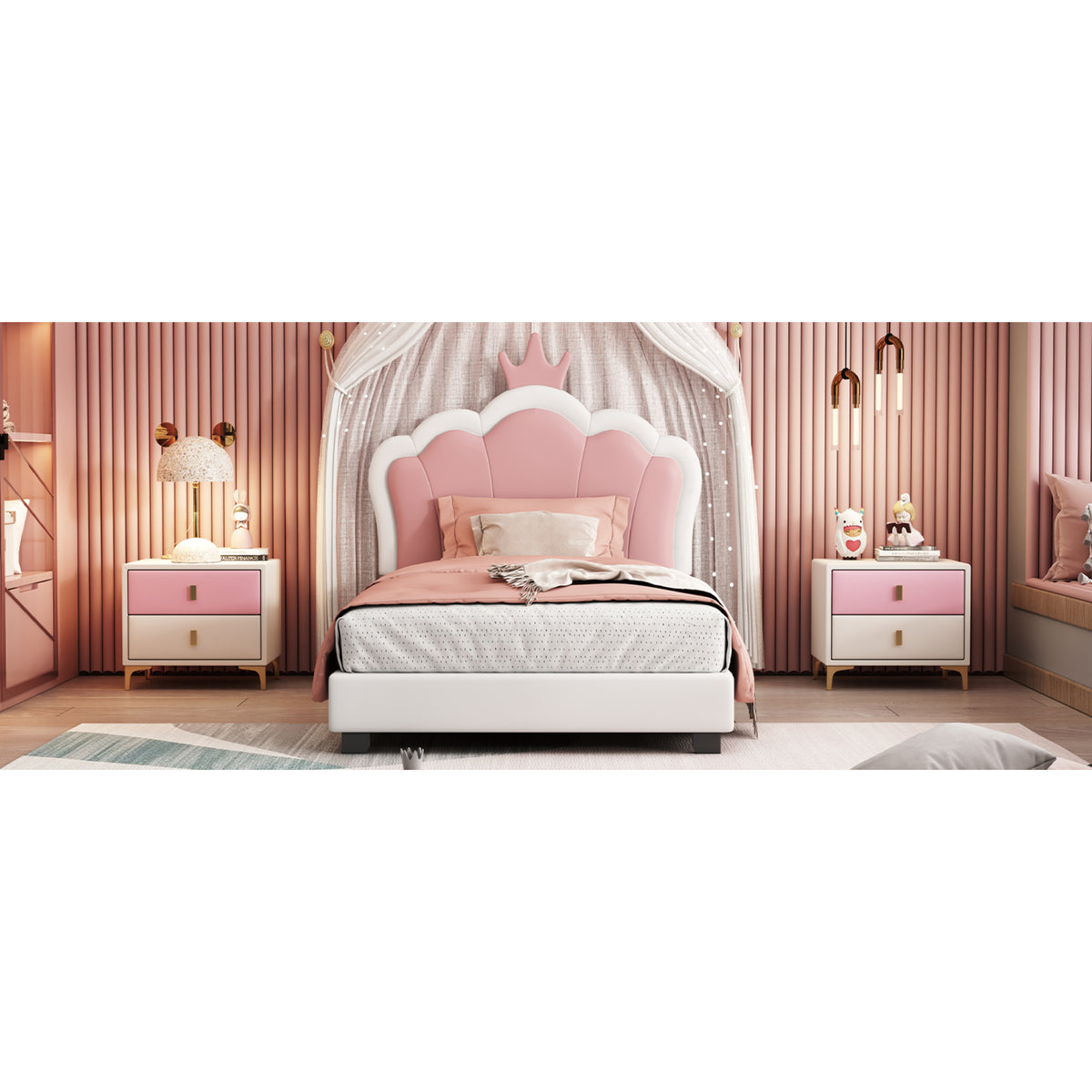 variant-group:rf-n733p180807k|Roomfitters Princess Upholstered Twin Platform Bed with Crown Headboard & Footboard, Cream