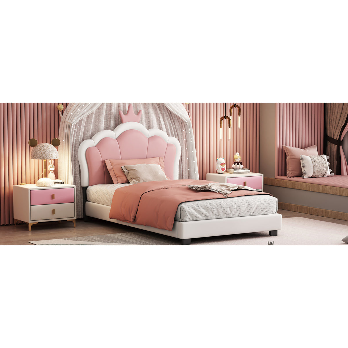 variant-group:rf-n733p180807k|Roomfitters Princess Upholstered Twin Platform Bed with Crown Headboard & Footboard, Cream