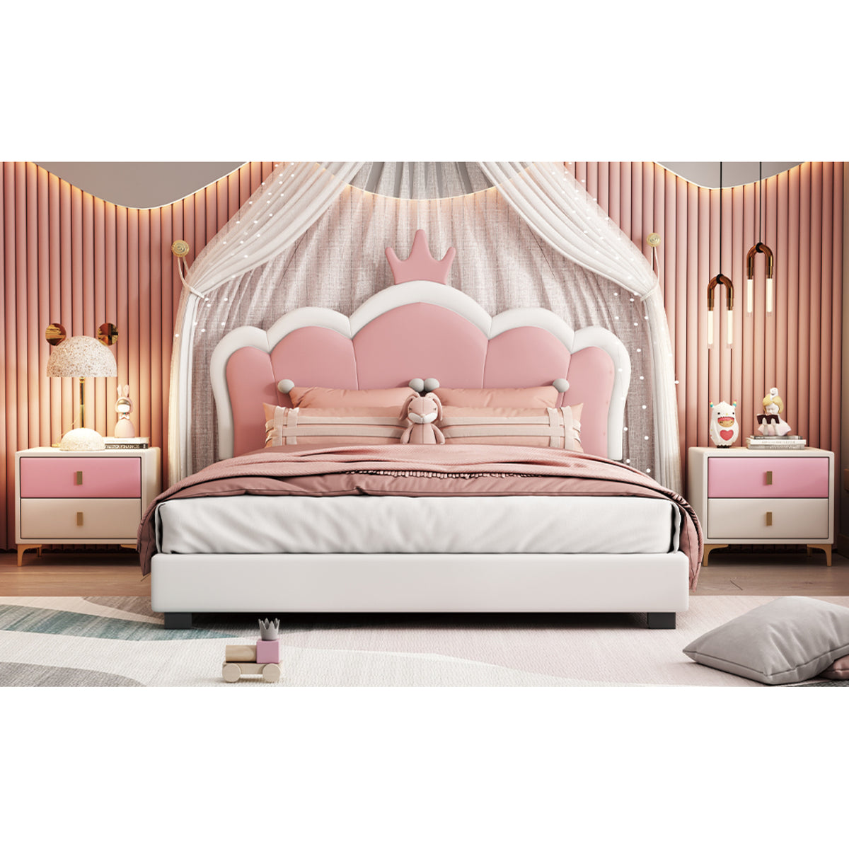variant-group:rf-n733p180808k|Roomfitters Full Size Upholstered Princess Bed with Crown Headboard, Elegant Platform Bed with Tufted Headboard and Footboard for a Stylish Bedroom, White