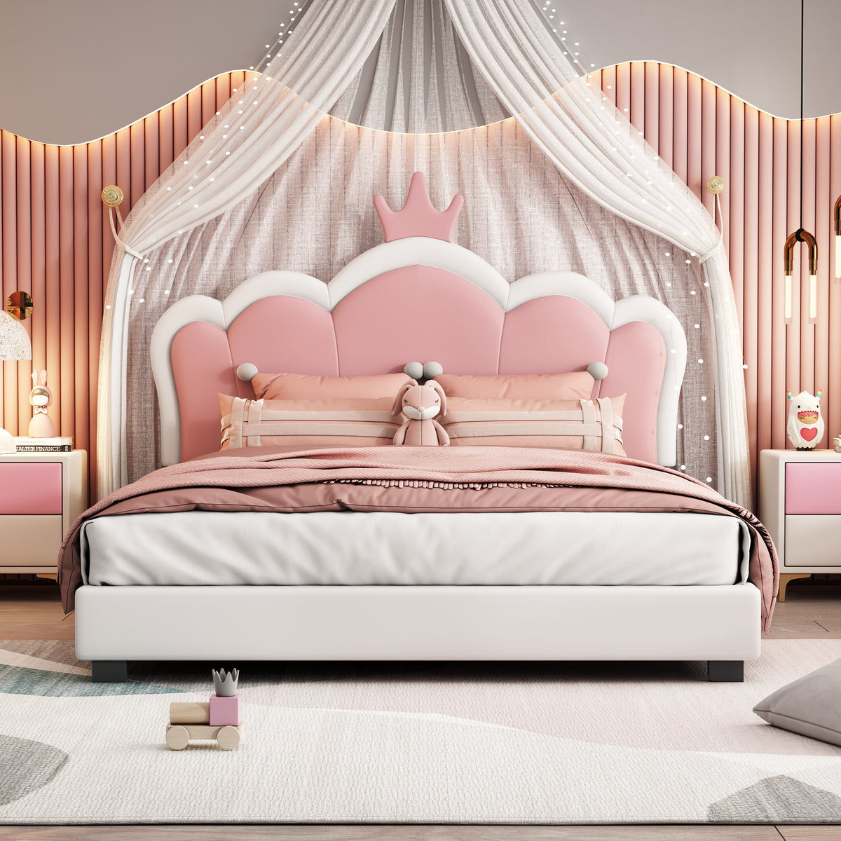 variant-group:rf-n733p180808k|Roomfitters Full Size Upholstered Princess Bed with Crown Headboard, Elegant Platform Bed with Tufted Headboard and Footboard for a Stylish Bedroom, White