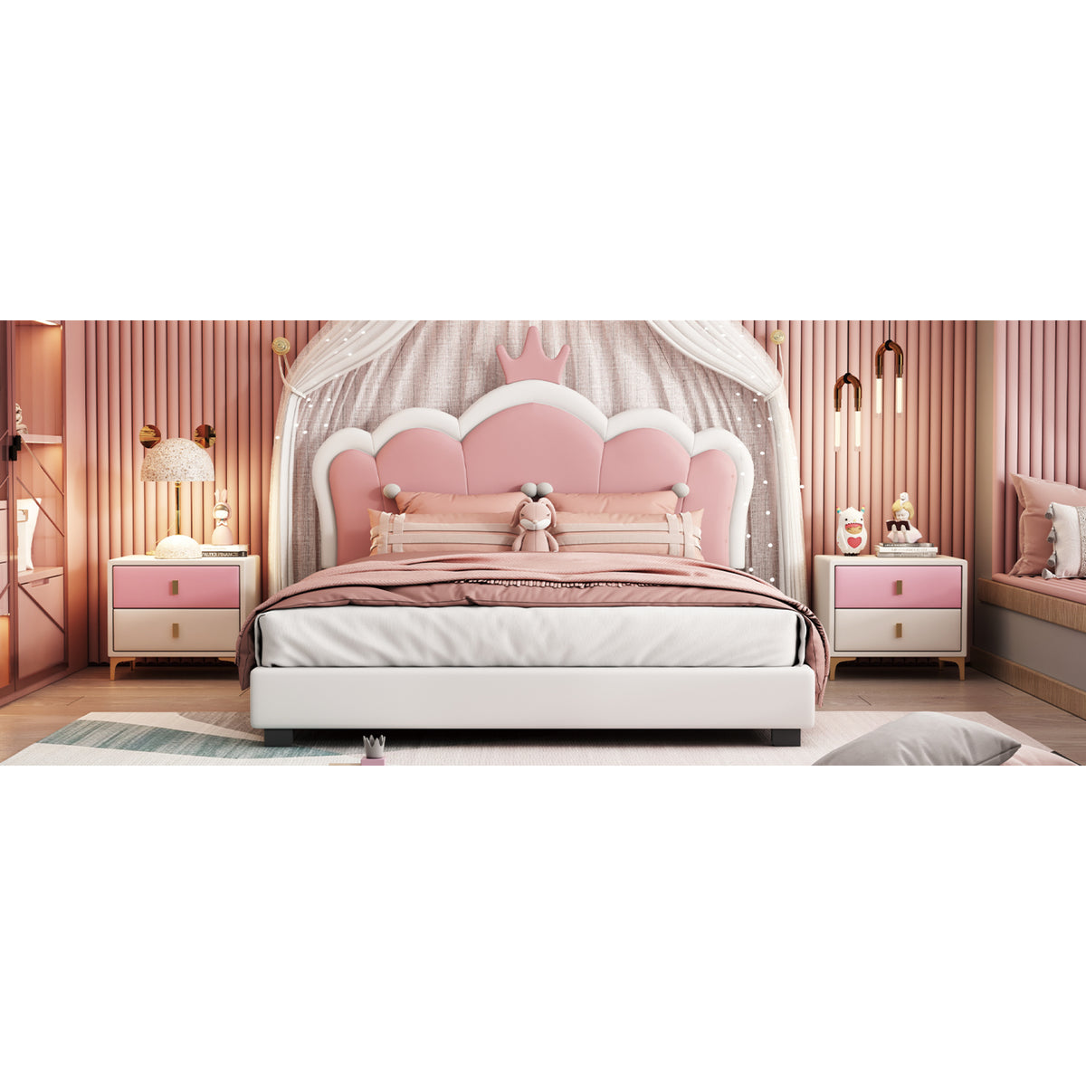 variant-group:rf-n733p180808k|Roomfitters Full Size Upholstered Princess Bed with Crown Headboard, Elegant Platform Bed with Tufted Headboard and Footboard for a Stylish Bedroom, White