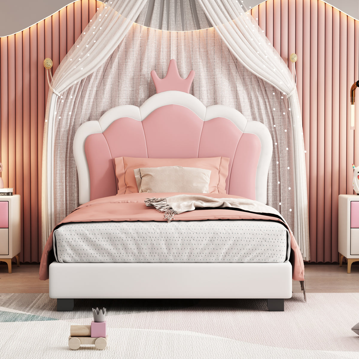 variant-group:rf-n733p180807k|Roomfitters Princess Upholstered Twin Platform Bed with Crown Headboard & Footboard, Cream