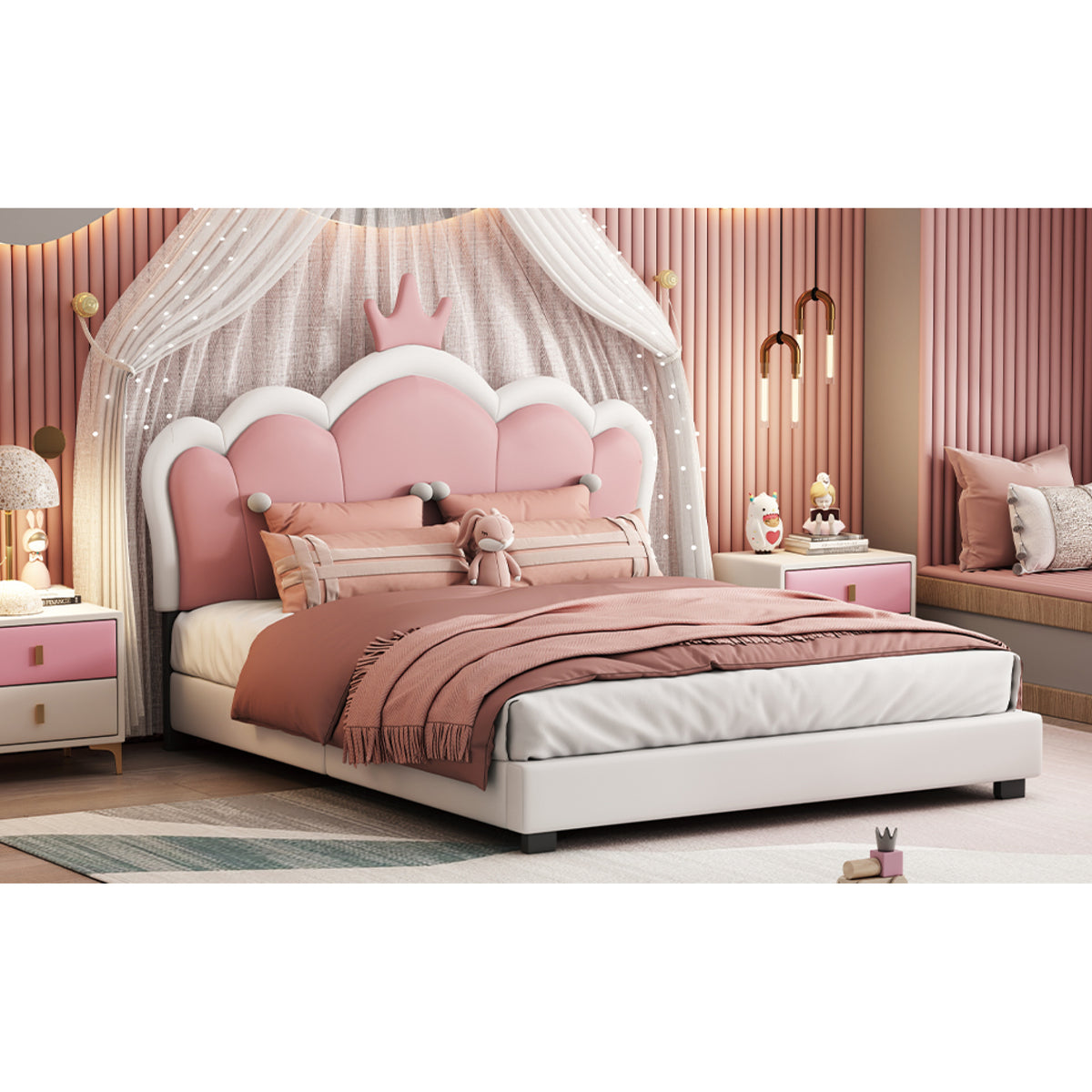 variant-group:rf-n733p180808k|Roomfitters Full Size Upholstered Princess Bed with Crown Headboard, Elegant Platform Bed with Tufted Headboard and Footboard for a Stylish Bedroom, White