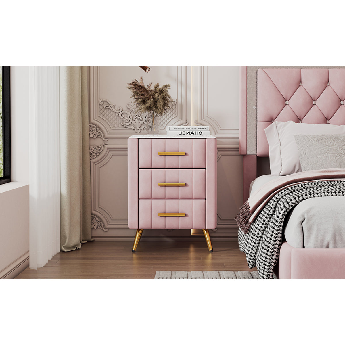 variant-group:rf-n733p208520h|Roomfitters Upholstered Nightstand with 3 Storage Compartments, Metal Legs and Handles, Marble-Inspired Worktop, Pink