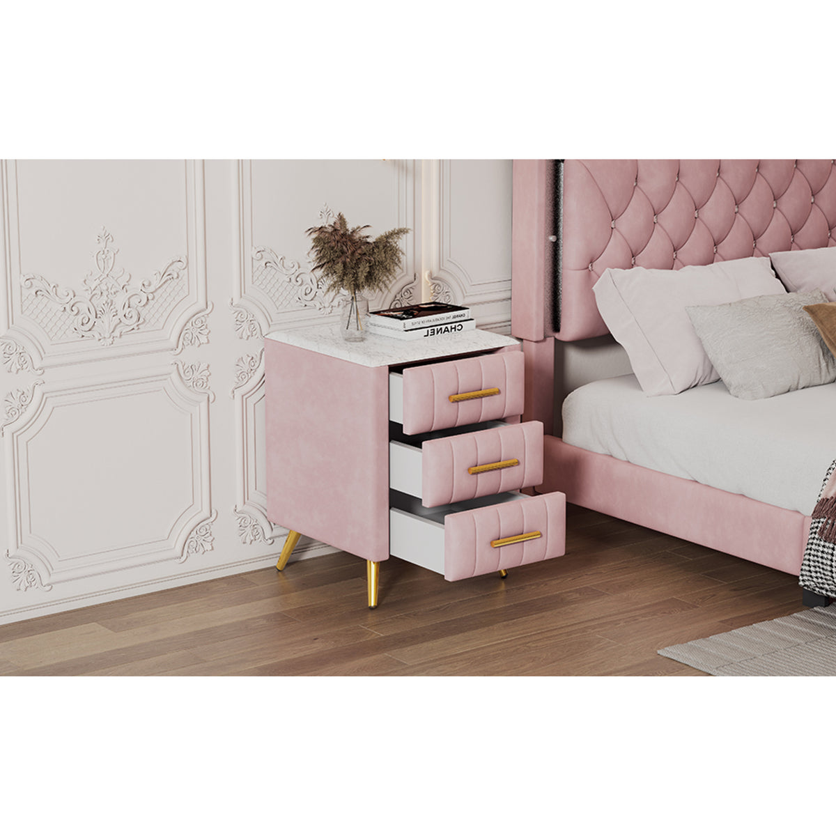 variant-group:rf-n733p208520h|Roomfitters Upholstered Nightstand with 3 Storage Compartments, Metal Legs and Handles, Marble-Inspired Worktop, Pink