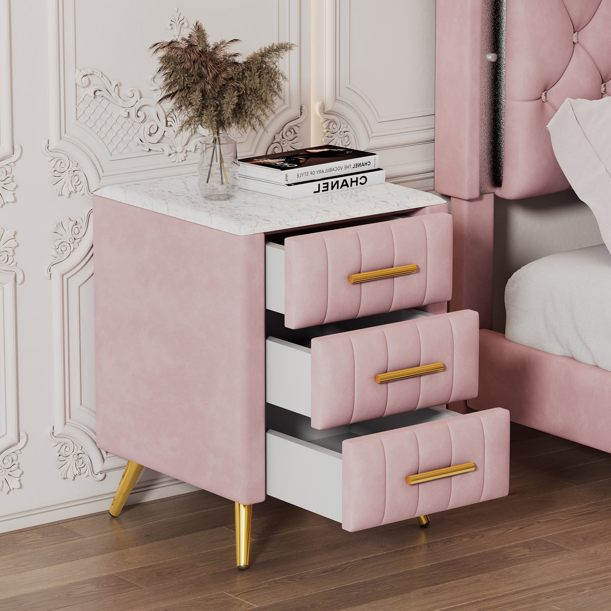 variant-group:rf-n733p208520h|Roomfitters Upholstered Nightstand with 3 Storage Compartments, Metal Legs and Handles, Marble-Inspired Worktop, Pink