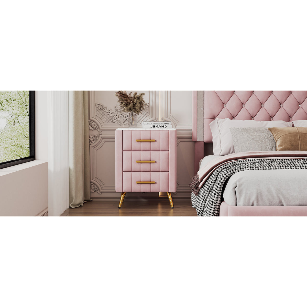 variant-group:rf-n733p208520h|Roomfitters Upholstered Nightstand with 3 Storage Compartments, Metal Legs and Handles, Marble-Inspired Worktop, Pink