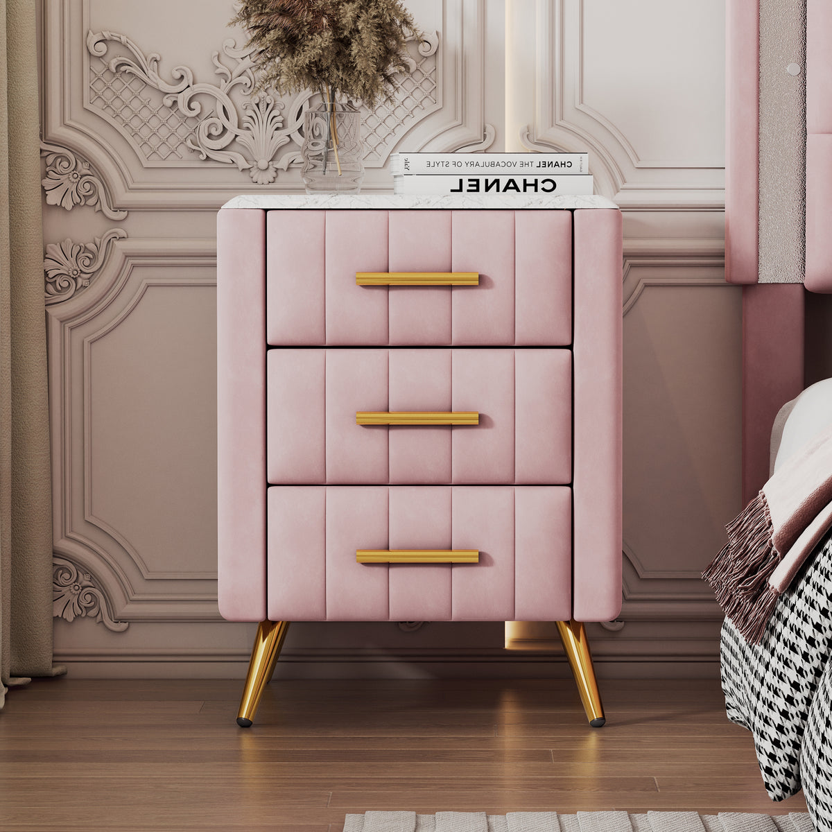 variant-group:rf-n733p208520h|Roomfitters Upholstered Nightstand with 3 Storage Compartments, Metal Legs and Handles, Marble-Inspired Worktop, Pink