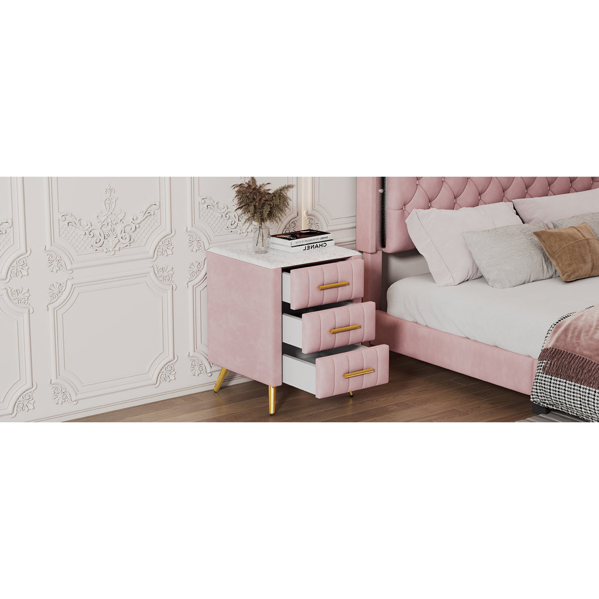variant-group:rf-n733p208520h|Roomfitters Upholstered Nightstand with 3 Storage Compartments, Metal Legs and Handles, Marble-Inspired Worktop, Pink