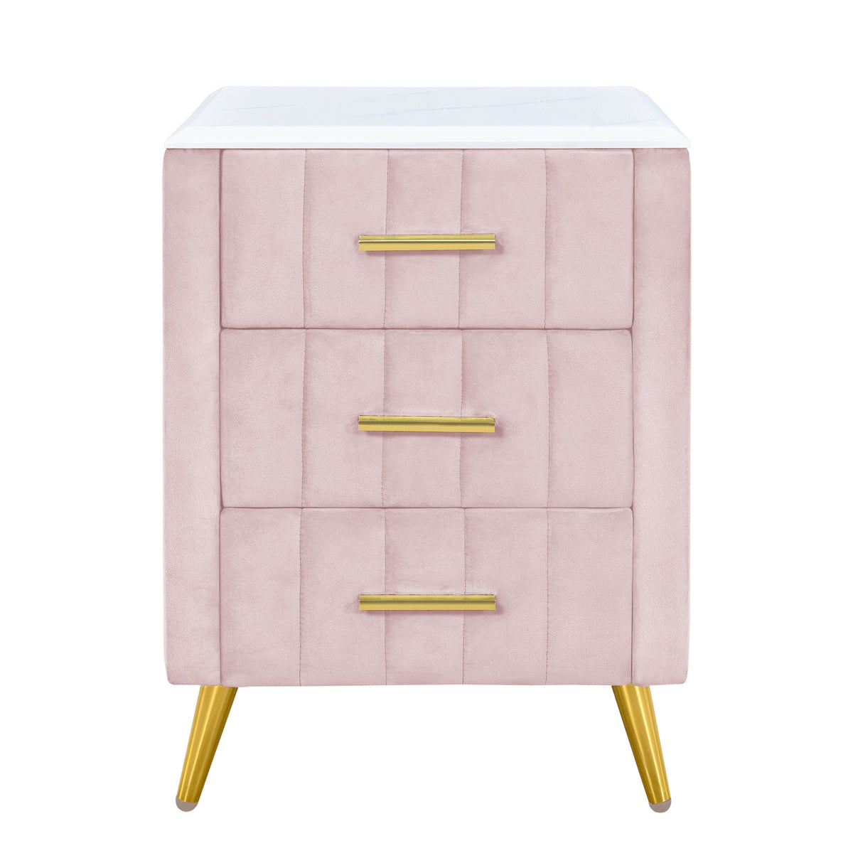 variant-group:rf-n733p208520h|Roomfitters Upholstered Nightstand with 3 Storage Compartments, Metal Legs and Handles, Marble-Inspired Worktop, Pink